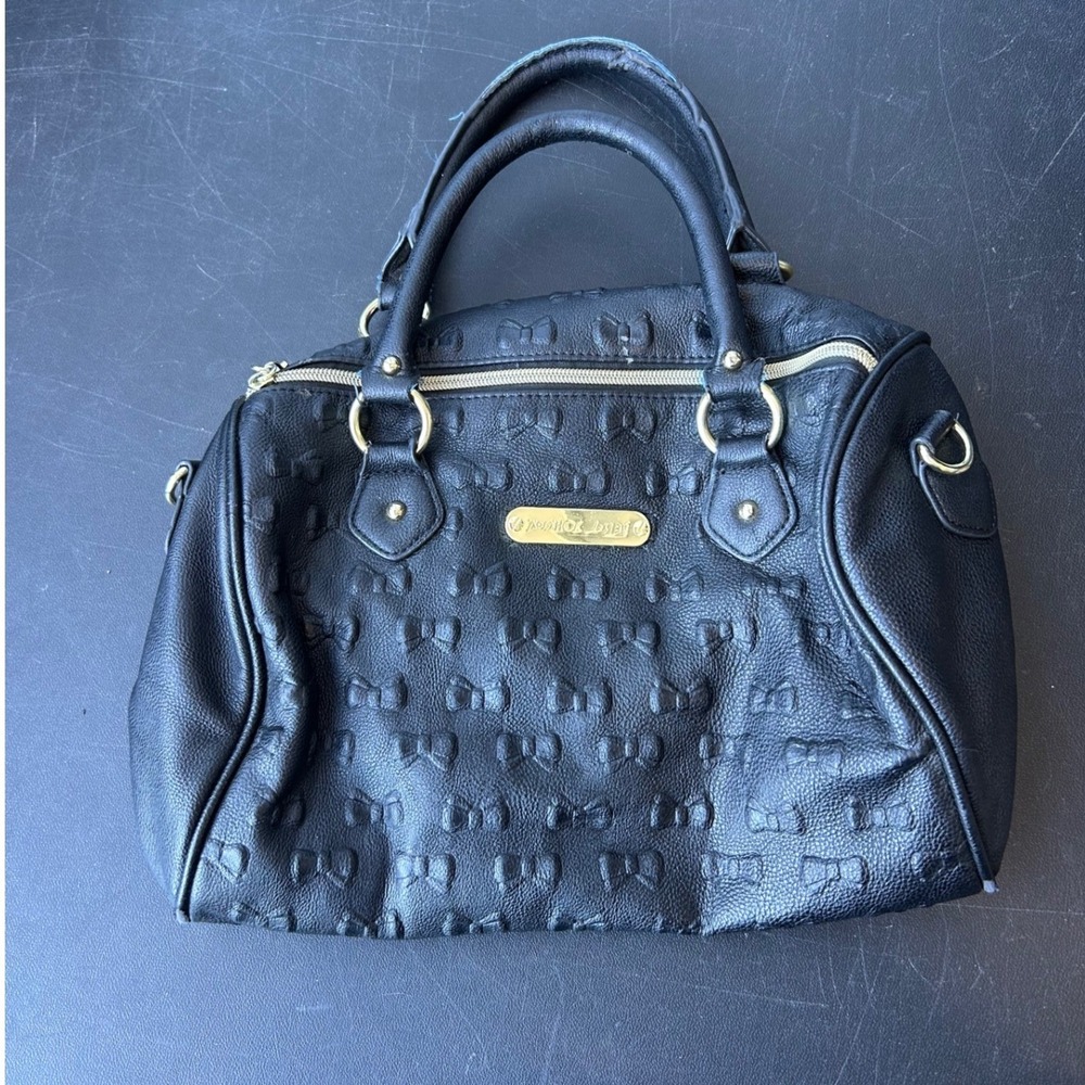 Betsey Johnson Satchel Womens Black Embossed Bow Coquette Y2K Handbag